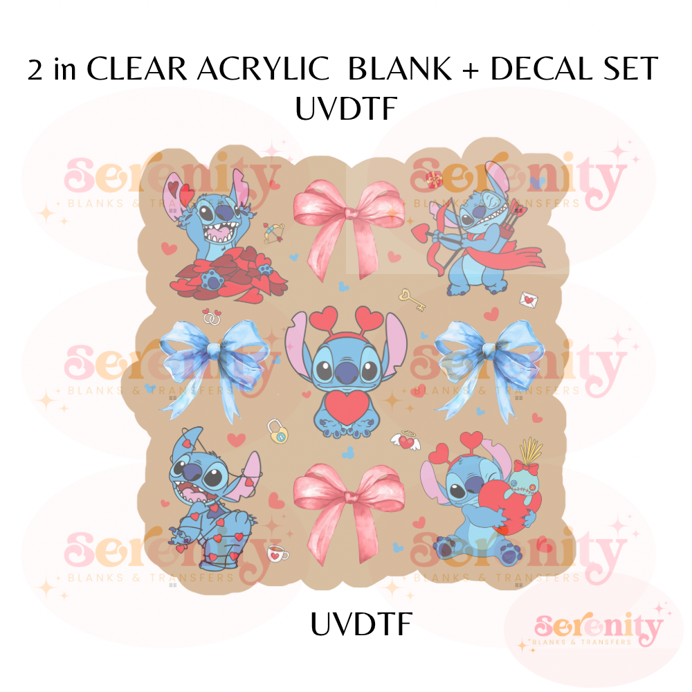 Stitch Valentines pink & Blue Coquette Bows UVDTF acrylic blanks & decal set