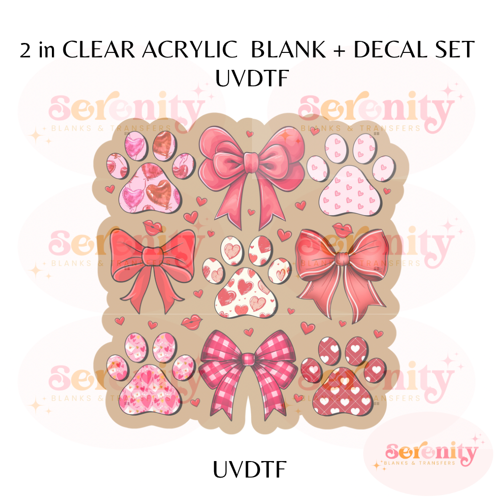 Valentine Vet Coquette bows and paws UVDTF acrylic blanks & decal set