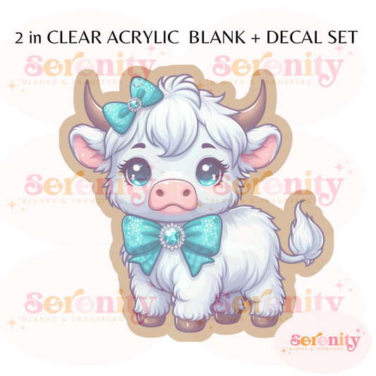 White Highland Cow with teal bow Acrylic blanks & decal set