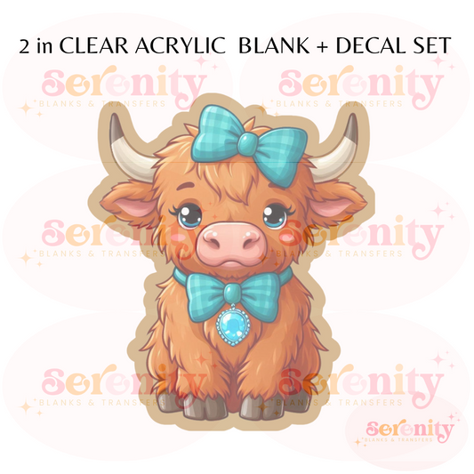 Cute Brown Highland Cow with Teal Bow acrylic blanks & decal set