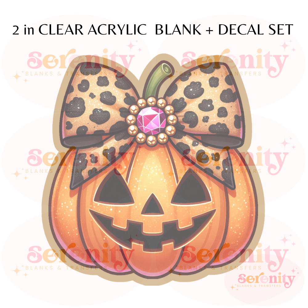 Jack O Lantern pumpkin with leopard bow acrylic blanks & decal set