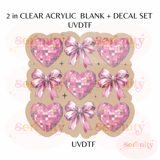 Pink Disco coquette bows and hearts UVDTF acrylic blanks & decal set